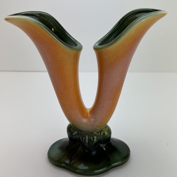 Vintage Hull Pottery Double Cornucopia Vase 103 Mottled Orange and Green - Picture 11 of 15